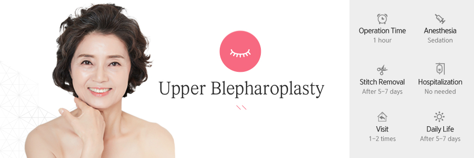 Upper Blepharoptosis Correction operation time - 1hour / Anesthesia - sedation / Stitch Removal - 5~7 days After Surgery / Hospitalization - No needed / Visit - 1~2 times / Dailt Life - After 5~7 days