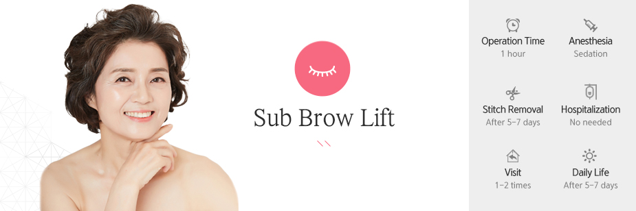 Sub Brow Lift operation time - 1hour / Anesthesia - sedation / Stitch Removal - 5~7 days After Surgery / Hospitalization - No needed / Visit - 1~2 times / Dailt Life - After 5~7 days