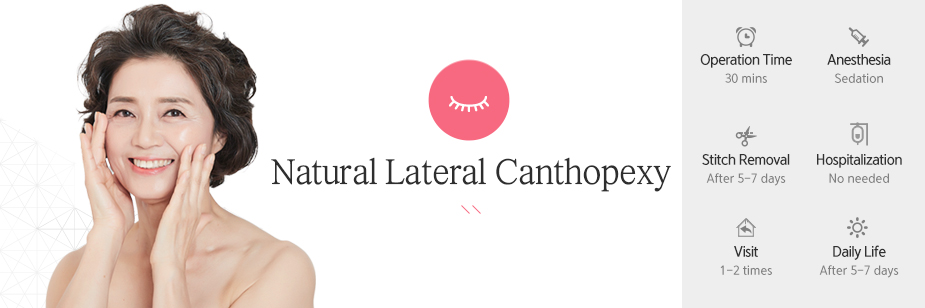 Natural Lateral Canthopexy operation time - 30 mins / Anesthesia - sedation / Stitch Removal - 5~7 days After Surgery / Hospitalization - No needed / Visit - 1~2 times / Daily Life - After 5~7 days