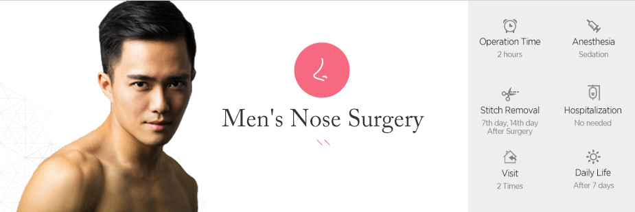 Mens Nose Surgery operation time - 2hours / Anesthesia - sedation / Stitch Removal - 7th day, 14th day After Surgery / Hospitalization - No needed / Visit - 2times / Daily Life - After 7 days
