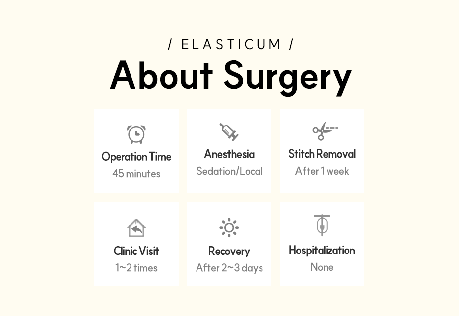 엘라스티꿈-수술시간 45분, 마취방법 국소수면마취, 실밥제거 수술 후 1주일, 내원치료 1~2회 방문, 일상생활 수술 후 2~3일, 입원치료 불필요