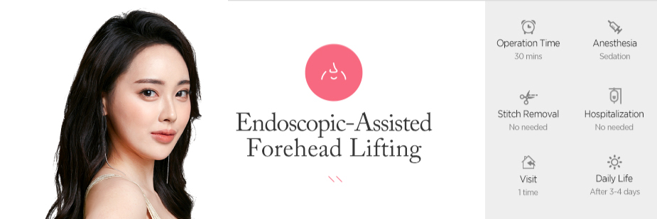 Endoscopic-Assisted Forehead Lifting operation time - 30 mins / Anesthesia - sedation / Stitch Removal - No needed / Hospitalization - No needed / Visit - 1 time / Daily Life - After 3~4 days