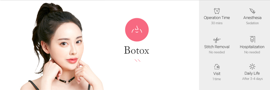 Botox operation time - 30 mins / Anesthesia - sedation / Stitch Removal - No needed / Hospitalization - No needed / Visit - 1 time / Daily Life - After 3~4 days