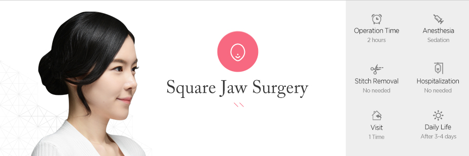 Square Jaw Surgery operation time - 2 hours / Anesthesia - sedation / Stitch Removal - No needed / Hospitalization - No needed / Visit - 1 time / Daily Life - After 3~4 days