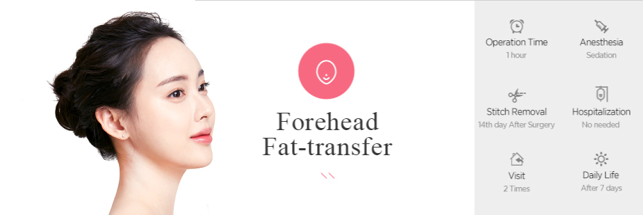 Forehead Fat-transfer operation time - 1 hour / Anesthesia - sedation / Stitch Removal - 14th day After Surgery / Hospitalization - No needed / Visit - 2 times / Daily Life - After 7 days
