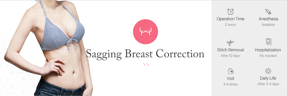 Sagging Breast Correction operation time - 2 hours / Anesthesia - sedation / Stitch Removal - After 10 days / Hospitalization - No needed / Visit - 3~4 times / Daily Life - After 3~4 days