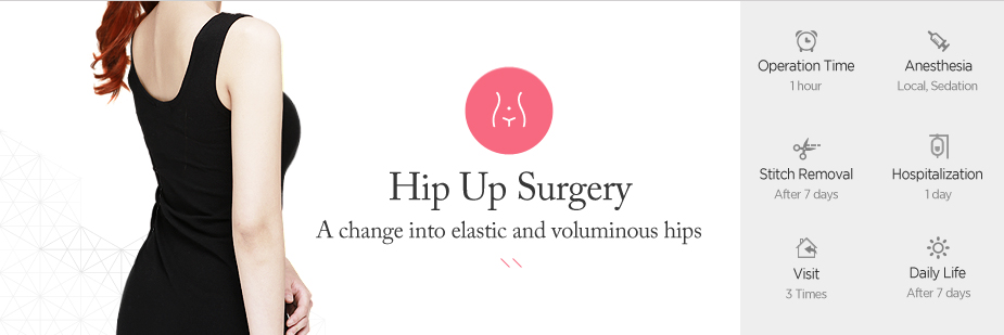 Hip Up Surgery operation time - 1hour / Anesthesia - Local, sedation / Stitch Removal - After 7 days / Hospitalization - 1 day / Visit - 3times / Daily Life - After 7 weeks